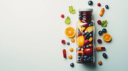 Detailed Multivitamin with Probiotics: A zoomed-in shot of multivitamins with probiotics in a bottle, featuring a mix of fresh fruits and vegetables and probiotic symbols.