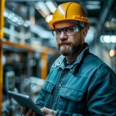 Poster - Tech savvy Industrial Worker Utilizing Tablet in Modern Factory Environment