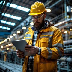 Poster - Tech savvy Industrial Worker Inspecting Equipment with Digital Tablet in Modern Factory