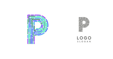 Leinwandbilder - Colorful abstract letter P logo design with futuristic circuit pattern. Ideal for tech companies, digital media, software, apps, networking, branding. Vector illustration.