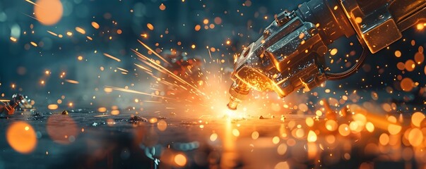 Poster - Intense Industrial Robot Welding with Sparks Flying Detailed Industry Concept with Copy Space