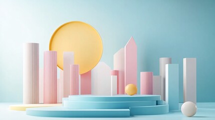 Poster - Minimalistic urban design with abstract cityscape and geometric buildings in soft pastel colors Stock Photo with copy space