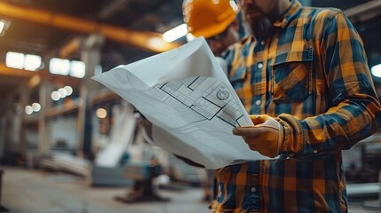 Poster - focused engineer examining blueprints in industrial factory setting