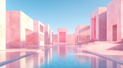 Poster - Abstract urban scene featuring geometric buildings with a clean minimal design in pastel tones Stock Photo with copy space