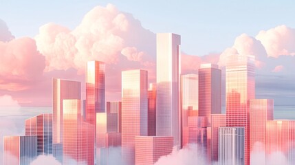 Poster - Abstract urban scene featuring geometric buildings with a clean minimal design in pastel tones Stock Photo with copy space