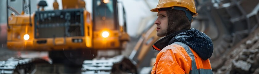 Poster - Worker operating heavy machinery at a robust construction site with powerful industry equipment