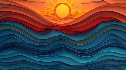 Wall Mural - A colorful paper cutout of a sunset over the ocean