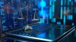 © Kanika Graphic - Laptop computer with legal law scale information and regulations for company and corporate trade license registration and court governance compliance for online and modern business