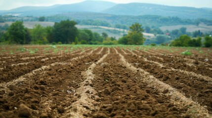 Poster - A field of dirt with a few trees in the background