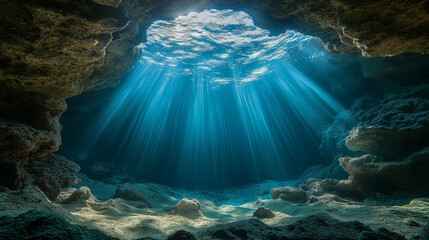 Sunlight beams illuminate an underwater cave in a tranquil ocean setting