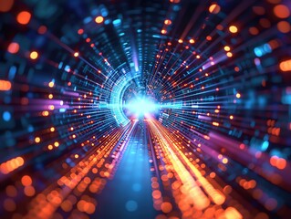 Poster - A vibrant tunnel of lights and data streams, illustrating the concept of digital technology and connectivity.