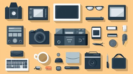 Poster - Detailed minimal icons and symbols in pastel colors with flat design and clean lines Stock Photo with copy space