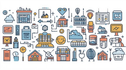 Poster - Detailed minimal icons and symbols in pastel colors with flat design and clean lines Stock Photo with copy space
