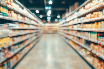 Blurred background of supermarket shelves with products, creating a depth blur effect