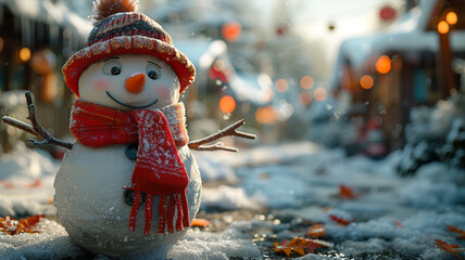 Wall Mural - Beautiful cute charming snowman in a hat and scarves closeup