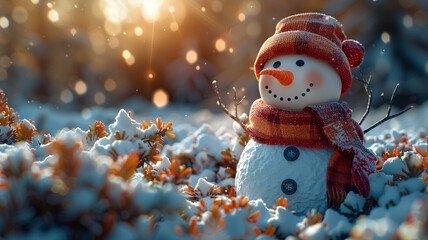 Wall Mural - Beautiful cute charming snowman in a hat and scarves closeup