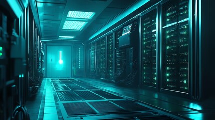 Poster - A Long, Narrow, Glowing Cyan Corridor In A Futuristic Server Room