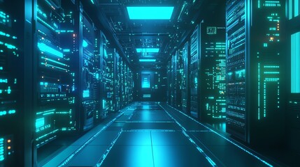 Poster - Futuristic Server Room with Blue Neon Lights