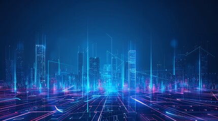 Poster - cityscape with space and neon light effect. Modern hi-tech, science, futuristic technology concept. Abstract digital high tech city design for banner background