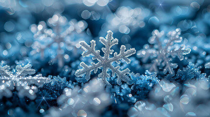 Wall Mural - Beautiful perfectly formed snowflakes resting on a bed of other snowflakes.