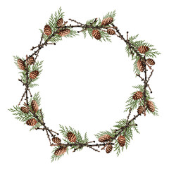 Wall Mural - christmas wreath. round frame made of dry branches with cones and dry pressed thuja branches. a desi