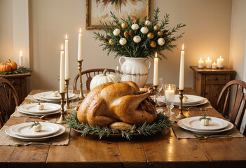 Wall Mural - a turkey sits on a thanksgiving dinner table setting with candles and a wreath