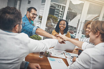 Aufkleber - People, collaboration and hands together for team building, success and business meeting in office. Group, employees and happy for support, project and cooperation for diversity, creativity or career