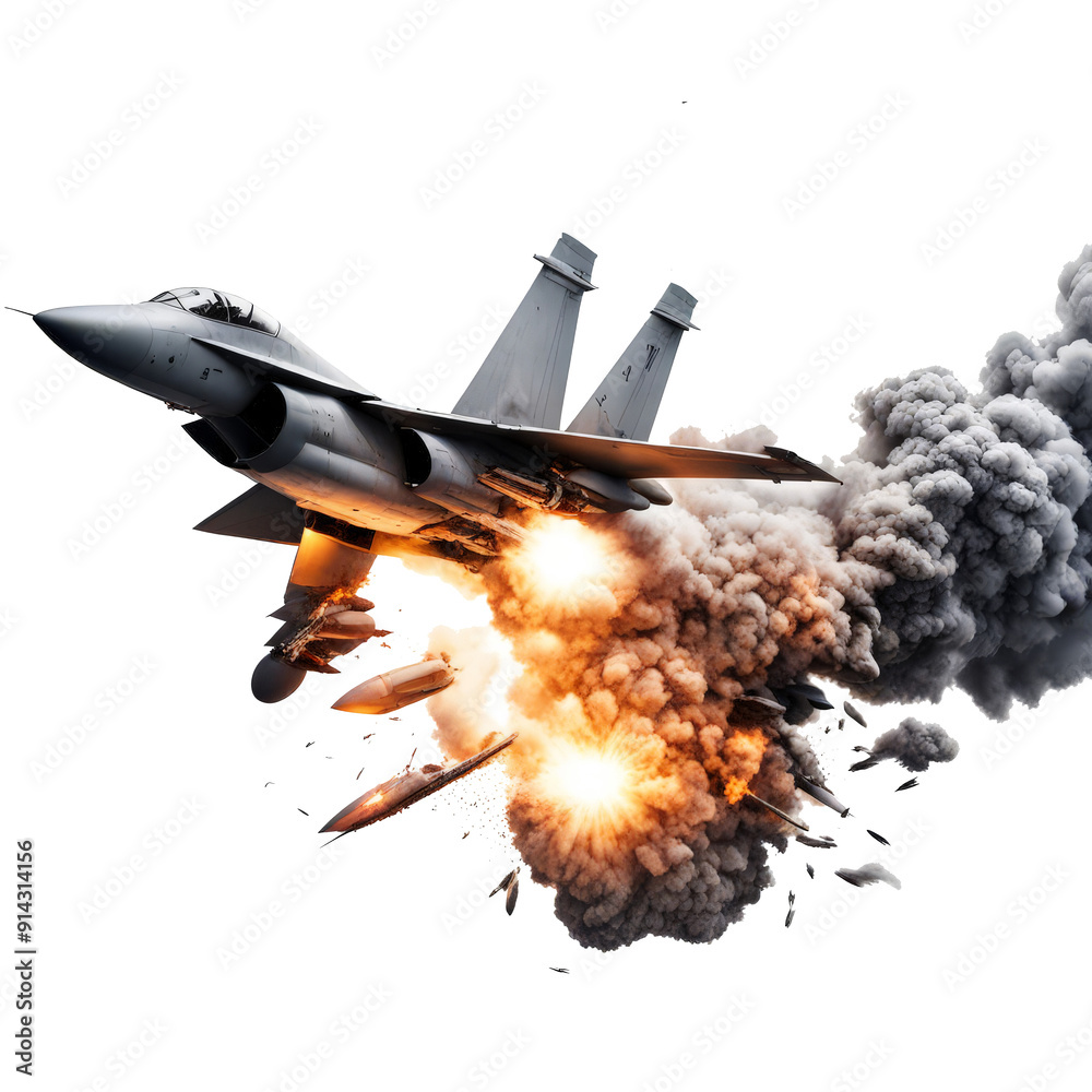 Military Jet Exploding Foto de Stock Exploded military jet from a missile hit isolated on the ...