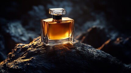 Poster - Elegant Glass Bottle of Fragrance Resting on Dark Textured Surface With Warm Glow at Dusk