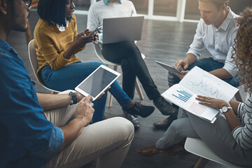 Poster - Business people, diversity and tablet screen for team building, connection and meeting in office. Group, data analysis and tech for report, project or support with collaboration, creativity or career