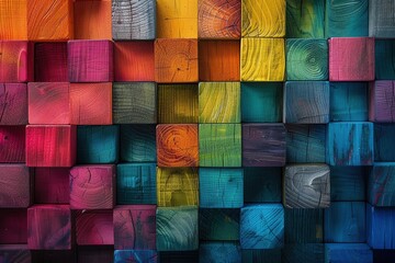 Poster - A vibrant arrangement of colorful wooden blocks, showcasing texture and artistic design, ideal for creative projects.