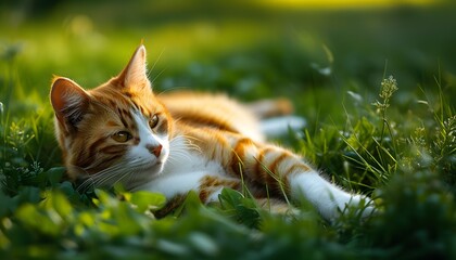 Wall Mural - An orange-white cat was lying on the green grass, leisurely.