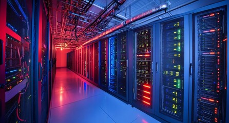 Poster - Row of Server Racks in a Data Center with Red and Blue Lighting