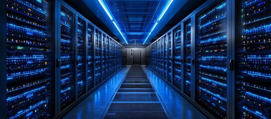 Poster - Blue-lit Server Room with Rows of Racks and a Narrow Passageway
