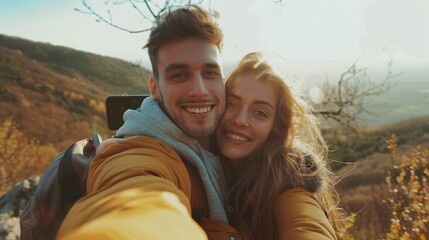 Wall Mural - Couple taking a selfie during their hike.