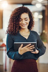 Aufkleber - tablet, thinking and happy business woman in office, research or internet browsing. technology, smil