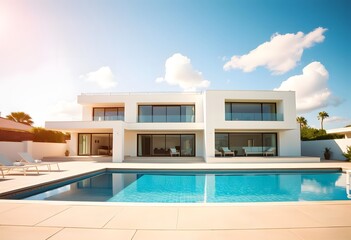 Exterior of A modern, two-story white house with a swimming pool in the foreground, surrounded by a paved patio area. The house has large windows and a minimalist, contemporary architectural style. 