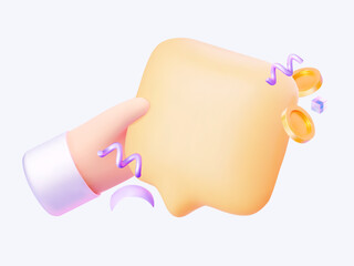 Poster - 3D hand holds speech bubble in pastel yellow tones with coins and confetti.