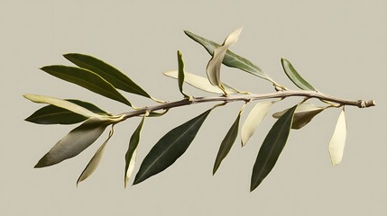 Poster - A Branch of Olive Tree Leaves with a Light Beige Background