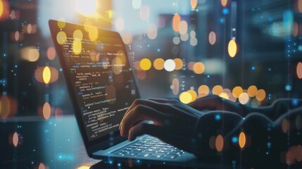 Hands typing code on a laptop with a city lights bokeh background.