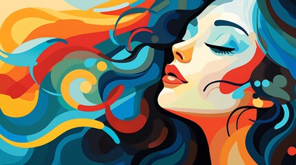 Wall Mural - Abstract portrait of a woman with colorful flowing hair.