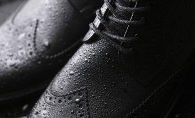 Poster - Black leather brogue boots in water droplets