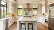 © Miso Ai - Modern kitchen with white cabinets, large windows, and a spacious island with two stools.