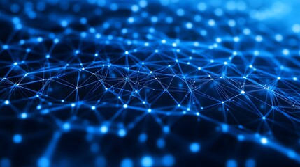 Poster - Abstract blue digital network structure with glowing connections and nodes, representing data flow and communication in technology.
