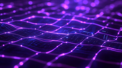 Poster - Abstract digital grid with glowing neon purple lines and dots, representing futuristic technology, data flow, and network connectivity.