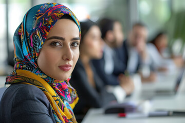 A woman wearing a colorful scarf stands in front of a group of people