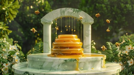 a beehive stands in the middle of a marble podium. the colors of the podium are gold and light green, honey drips from the sides of the podium, the bees fly. In background a lush green garden