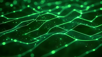 Wall Mural - Abstract green digital landscape with glowing lines and dots, representing modern technology and network connections.