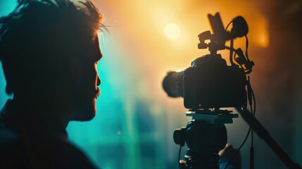 Silhouetted cameraman filming a performance on stage, bathed in warm stage lights.