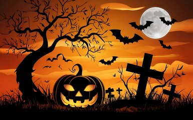 Halloween background with scary pumpkins and bats in a dark forest at night 